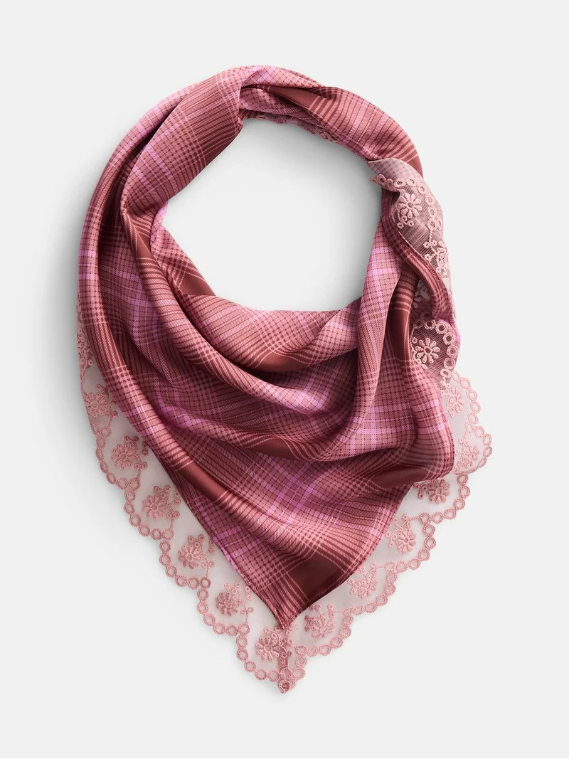 No Boundaries Women's Triangle Scarf with Lace Trim, Pink Plaid | Walmart (US)