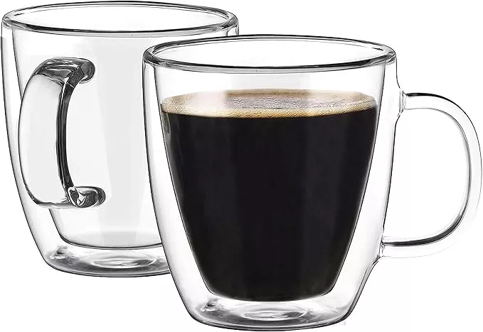 YUNCANG Doublewall GLASS COFFEE MUGS Set of 4 Insulated w/ Handle 16 Oz