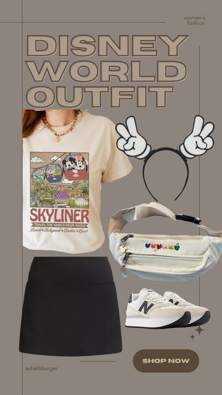 Women’s Disney World active outfit

Skyliner graphic tee shirt with Mickey Mouse & Friends- the sensational six
Active tennis skirt
Mickey Mouse 3d peace sign ears
Corduroy magical Fanny pack 
New neutral New Balance sneakers

#LTKShoeCrush #LTKFindsUnder100 #LTKTravel
