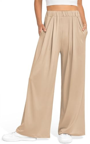 UEU Women's High Waist Wide Leg Loose Flowy Palazzo Pants with Pockets Large Light Khaki | Amazon (US)