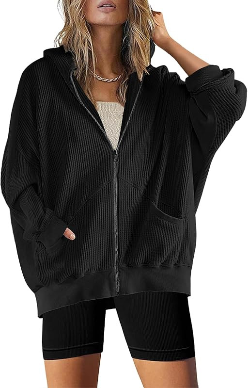 SAUKOLE Womens Fashion Zip Up Hoodies Oversized Waffle Knit Jacket Shirts Long Sleeve Solid Shack... | Amazon (US)