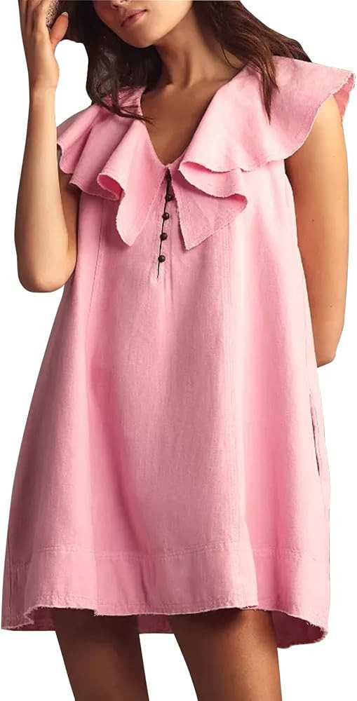 Ladyful Women's Summer Sleeveless Mini Dress Casual Loose V Neck Button Ruffle Shift Dress | Amazon (US)