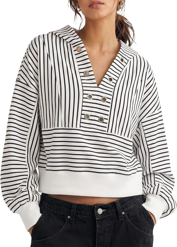 Fisoew Womens Striped Cropped Hoodies Oversized Sweatshirts Pullover Tops | Amazon (US)