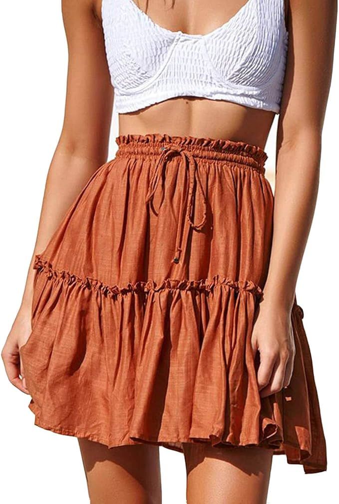 Amazon.com: Alelly Women's Summer Cute High Waist Ruffle Skirt Floral Print Swing Beach Mini Skir... | Amazon (US)