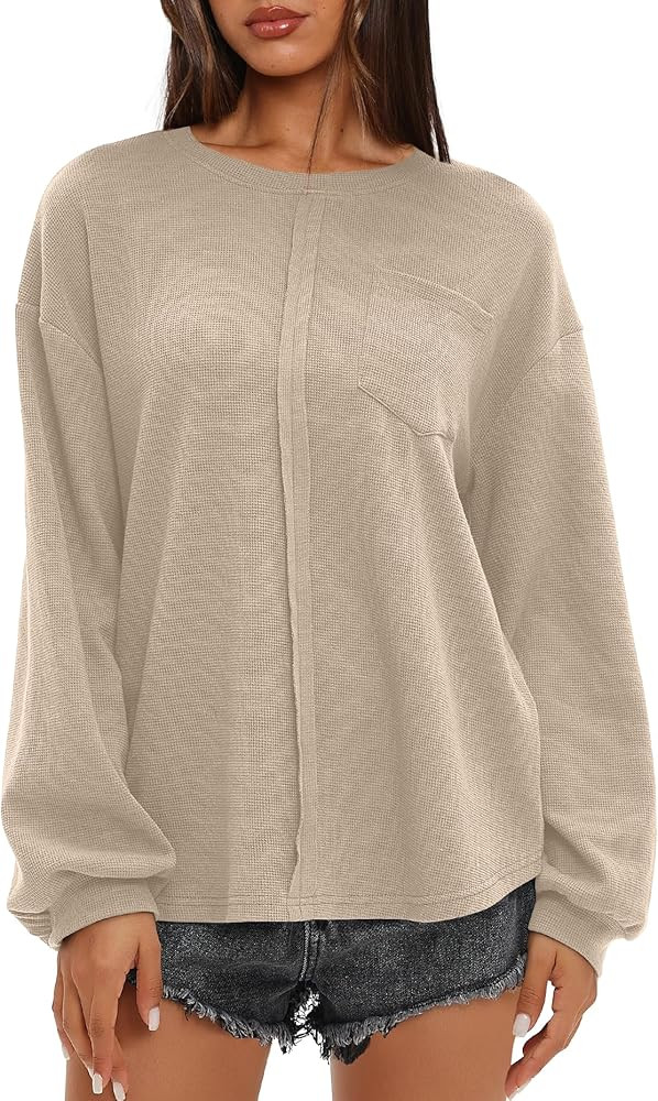 Darong Women Long Sleeve Crew Neck Waffle Knit Tunic Top Shirts Solid Color Loose Casual T Shirts | Amazon (US)
