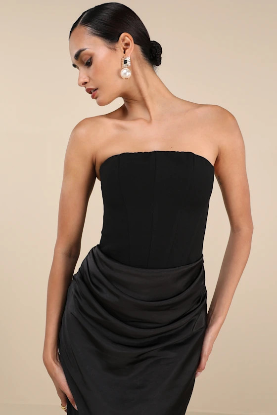 Mella Black Mixed Media Strapless Maxi Dress | Lulus