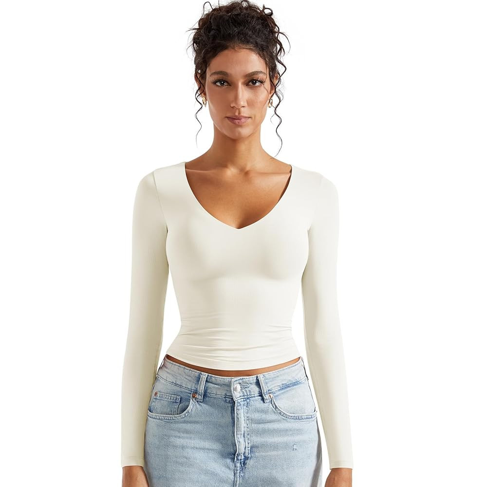 SUUKSESS Women Double Lined Casual V Neck Crop Tank Tops Basic Long Sleeve Shirts | Amazon (US)