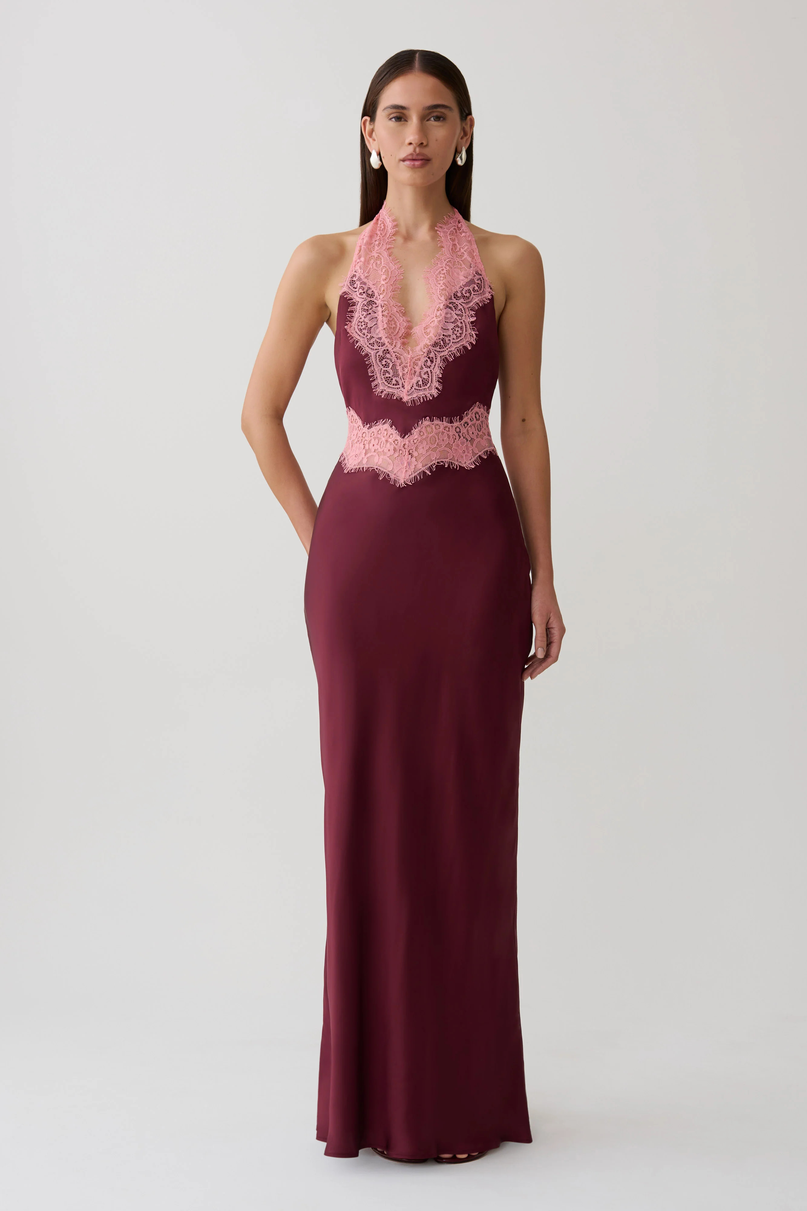Louise Satin And Lace Maxi Dress - Burgundy | Meshki (APAC)