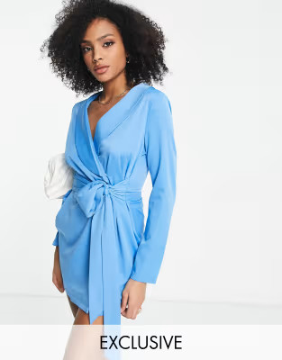In The Style exclusive tie front blazer dress in blue | ASOS (Global)