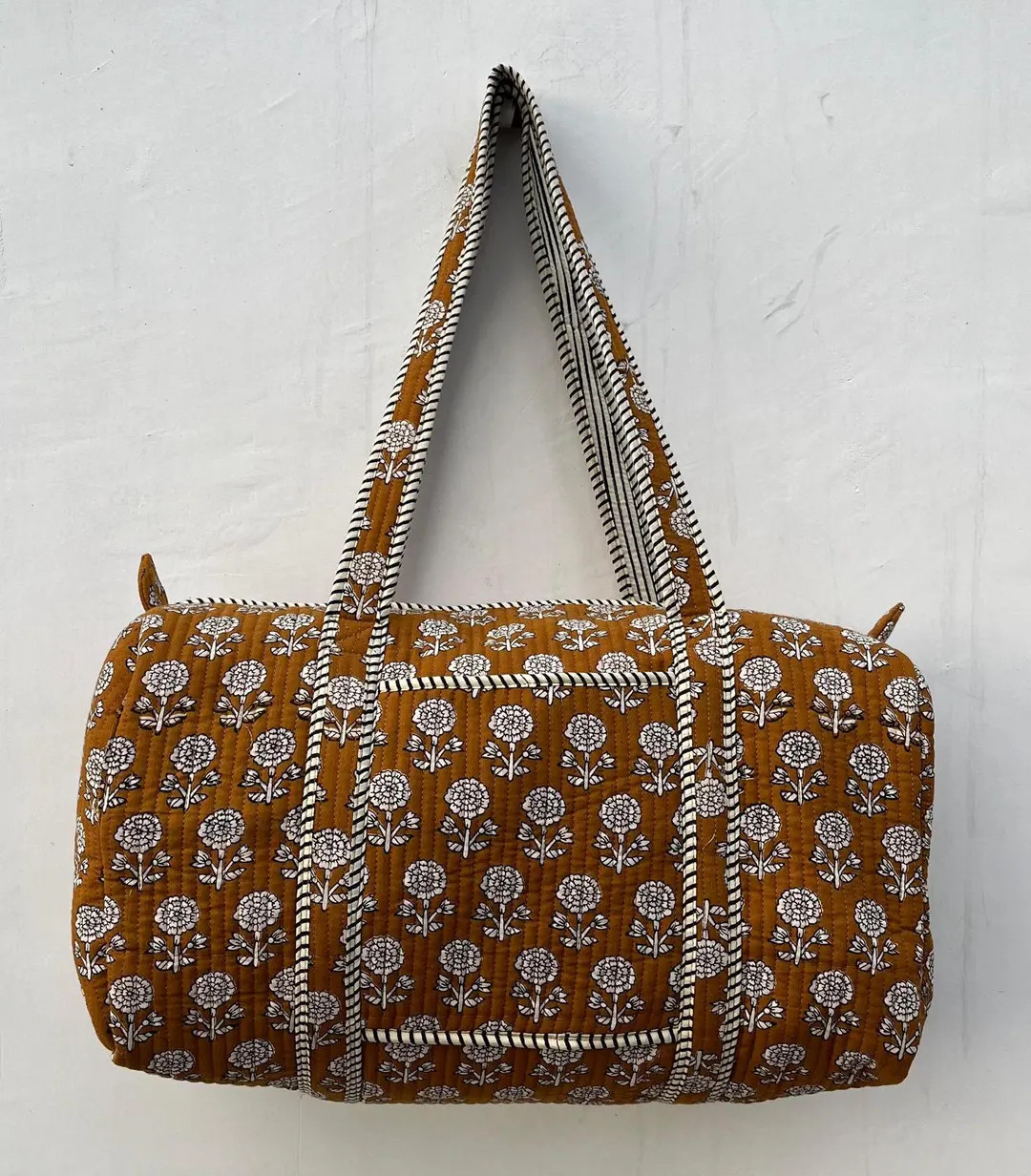 Handmade Quilted Duffle Bag: Floral Block Print Cotton Travel Bag | Etsy (US)