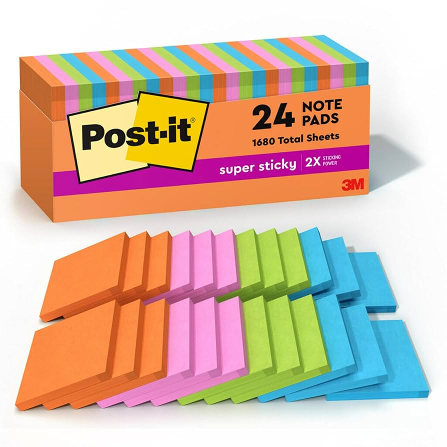 Post-it Super Sticky Notes, 24 Sticky Note Pads, 3 x 3 in., School Supplies, Office Products, Sti... | Amazon (US)