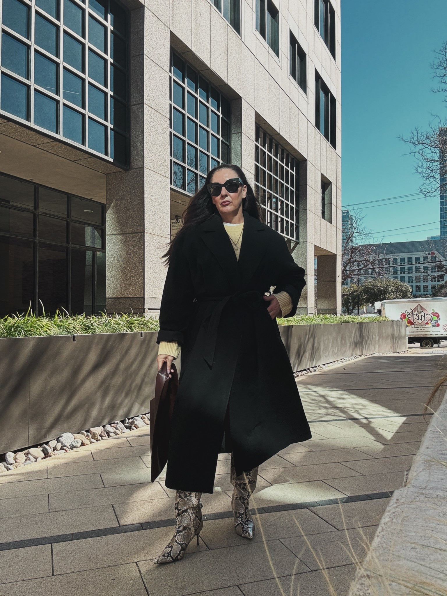 Sorry it’s been so long!! Thought I’d give you a little January break! It’s snowing here in Dallas. Our annual snow/ice storm. 
This clearly isn’t from today! 
Cold weather day outfit. Winter style. Long woolen belted coat. Snake print boots. Knee high boots. 

#LTKOver40 #LTKMidsize #LTKSeasonal