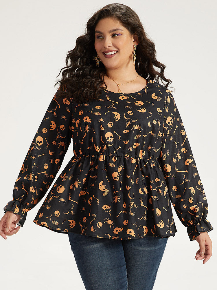 Halloween Print Elastic Waist Crew Neck Lantern Sleeve Blouse | Bloomchic