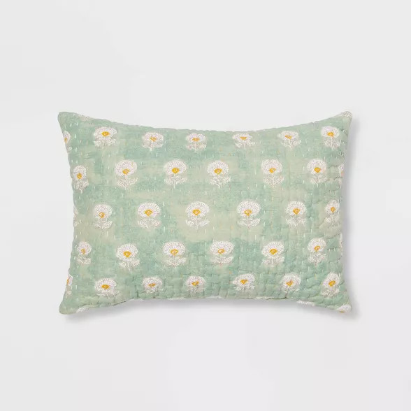 Oblong Block Print Kantha Floral Stitch Decorative Throw Pillow White/Blue - Threshold™ | Target