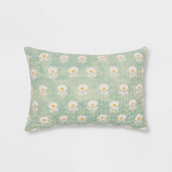 Oblong Block Print Kantha Floral Stitch Decorative Throw Pillow White/Blue - Threshold™ | Target