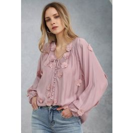 Romantic Blossom 3D Lace Flowers Buttoned Shirt in Pink | Chicwish