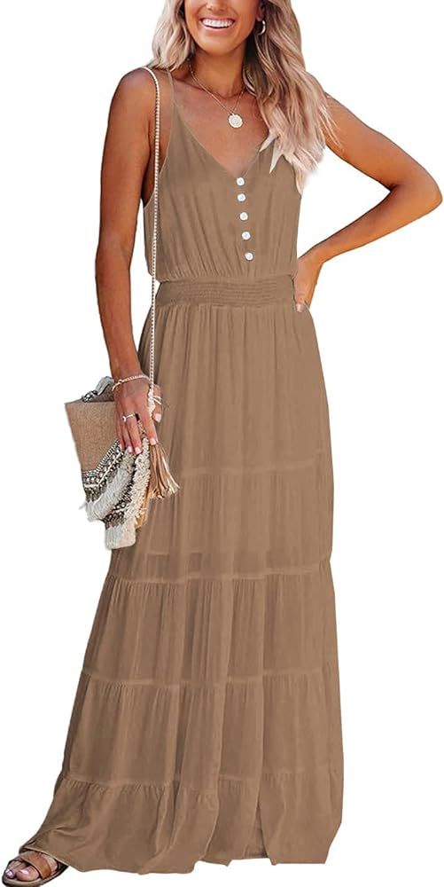 PRETTYGARDEN Women's Causal Summer Dress Spaghetti Strap Sleeveless High Waist Beach Long Maxi Dress | Amazon (US)