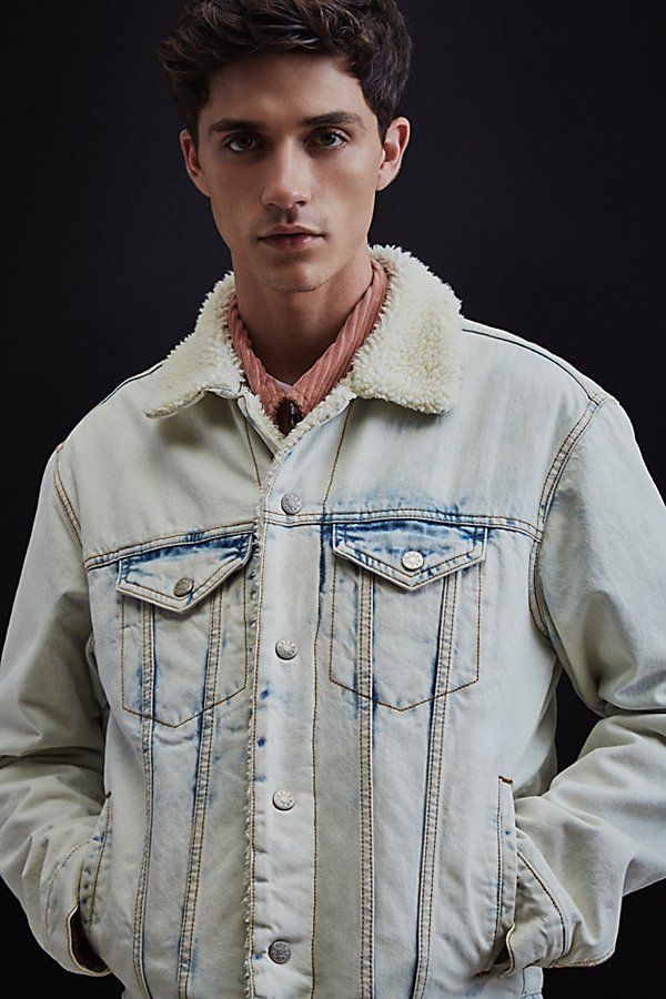 BDG Sherpa Light Blue Denim Trucker Jacket - Vintage Denim Light S at Urban Outfitters | Urban Outfitters US
