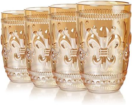 Amazon.com | Joeyan Amber Drinking Glass Cups,Flower Embossed Romantic Water Tumblers,Vintage Highba | Amazon (US)