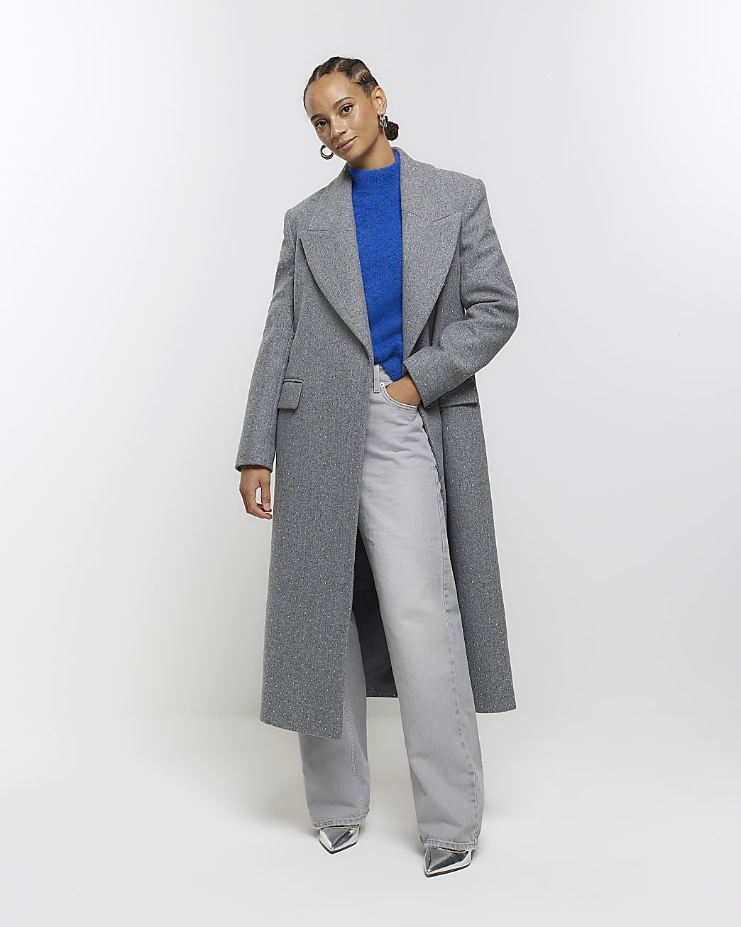 Grey studded longline coat | River Island (UK & IE)