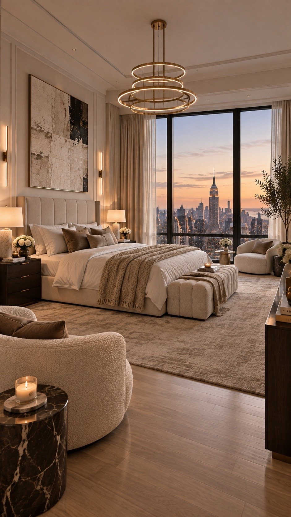 Shop This Room — link below. Create a sophisticated New York–inspired bedroom with a plush upholstered bed, layered neutral bedding, sculptural lighting and warm wood accents. Floor-to-ceiling windows, soft textures and elevated details give this space a cozy luxury hotel feel with a modern Manhattan aesthetic.

#LuxuryBedroom #BedroomInspo #BedroomDecor #ModernBedroom #NeutralBedroom #NewYorkInterior #NYCInterior #LuxuryInteriors #HomeDecor #InteriorDesign #BedroomIdeas #CozyBedroom #WarmNeutralDecor #OrganicModern #ModernLuxury #QuietLuxury #LuxuryHome #ApartmentDecor #NeutralHome #DesignerBedroom #HomeInspo #LTKHome #LTKFinds #HomeFinds #ShopTheLook #PinterestHome