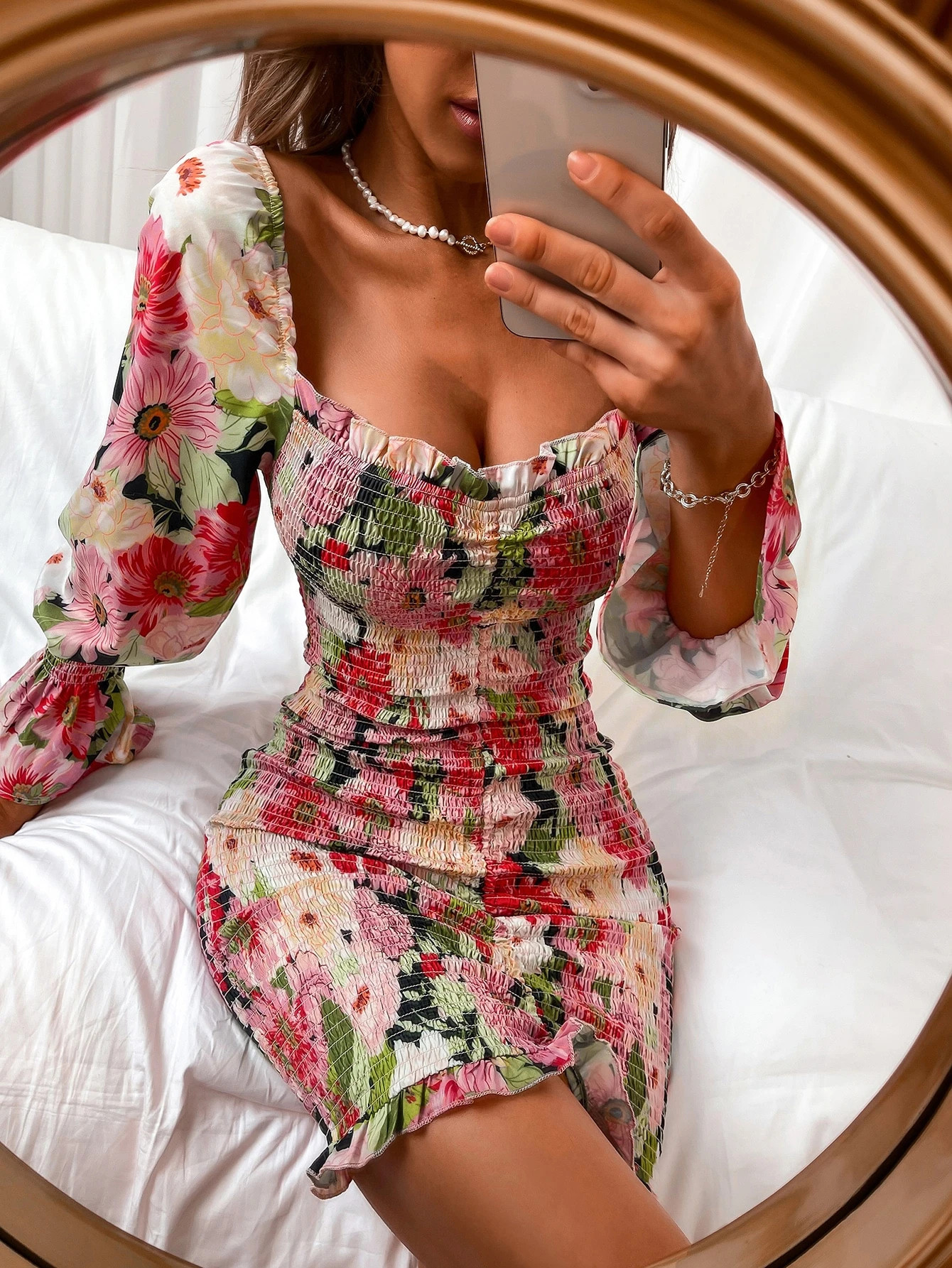 Floral Square Neck Shirred Bodycon Dress | SHEIN