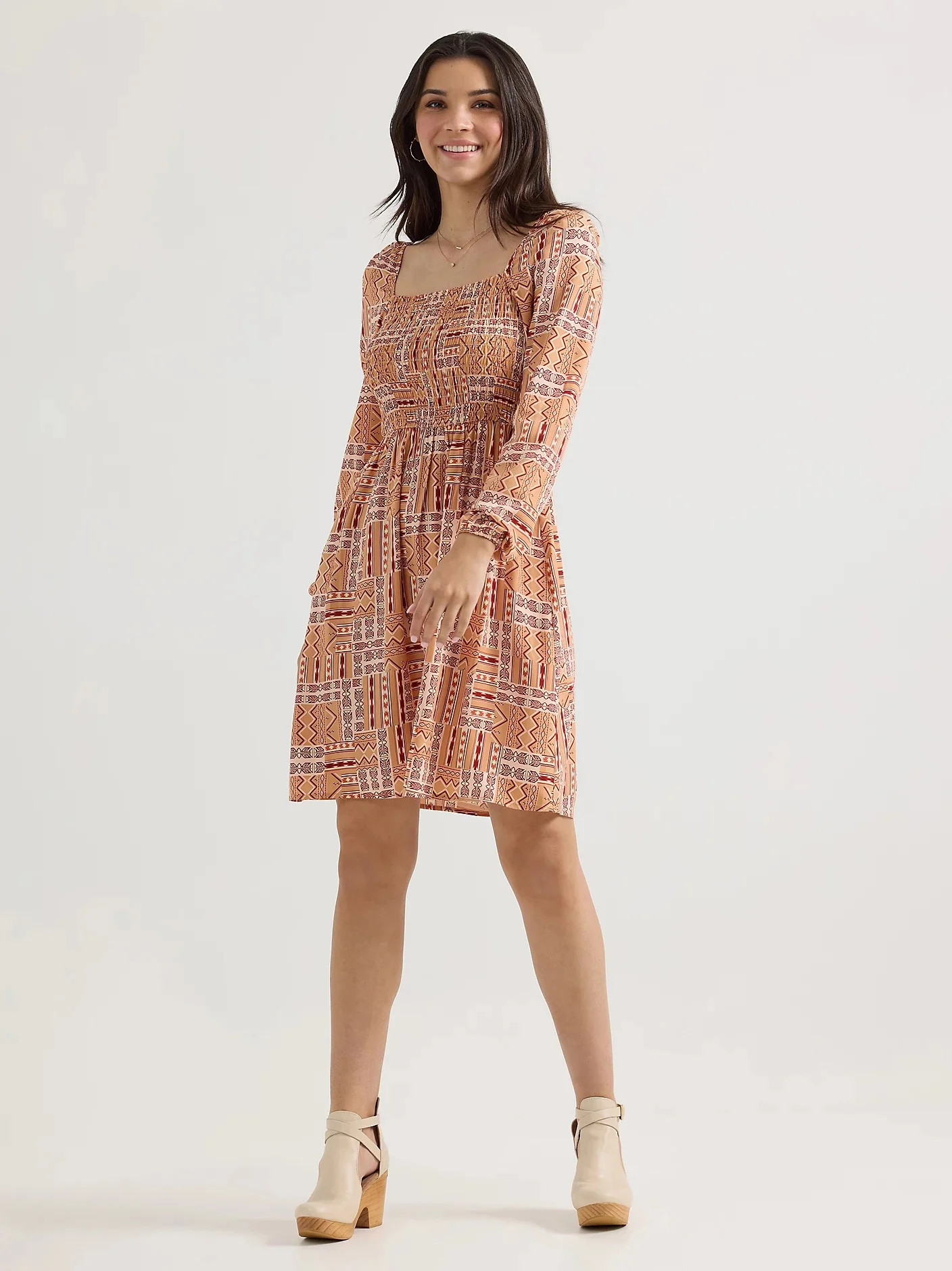 Women's Smocked Bodice A-Line Dress in Geo Orange | Dani Morgan's Boutique