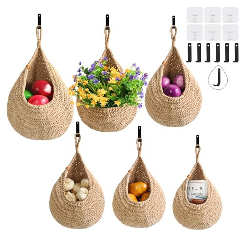 LOCS MICRAI Hanging Fruit Baskets for Kitchen - 6 Pack Boho Wall Hanging Basket,Handwoven Wall Fruits Basket,for Garlic Potato Vegetable Onion Teardrop Home Hanging Storage Baskets(Brown Classic) | Amazon (US)