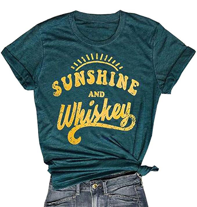 MNLYBABY Sunshine and Whiskey Short Sleeve T-Shirt Women Beach Funny Letters Print Summer Tops Tees | Amazon (US)