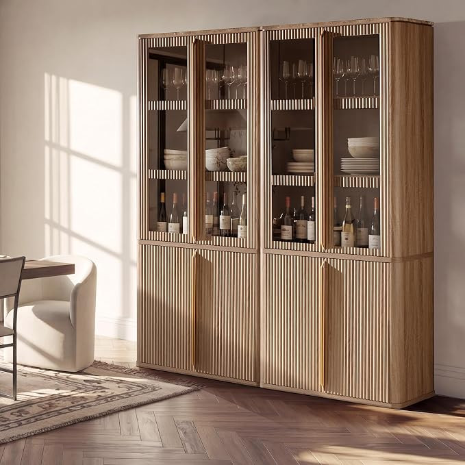 77" Tall Storage Cabinet - Fluted Pantry Cabinets with Glass Doors, Wooden Kitchen Food Cupboard,... | Amazon (US)