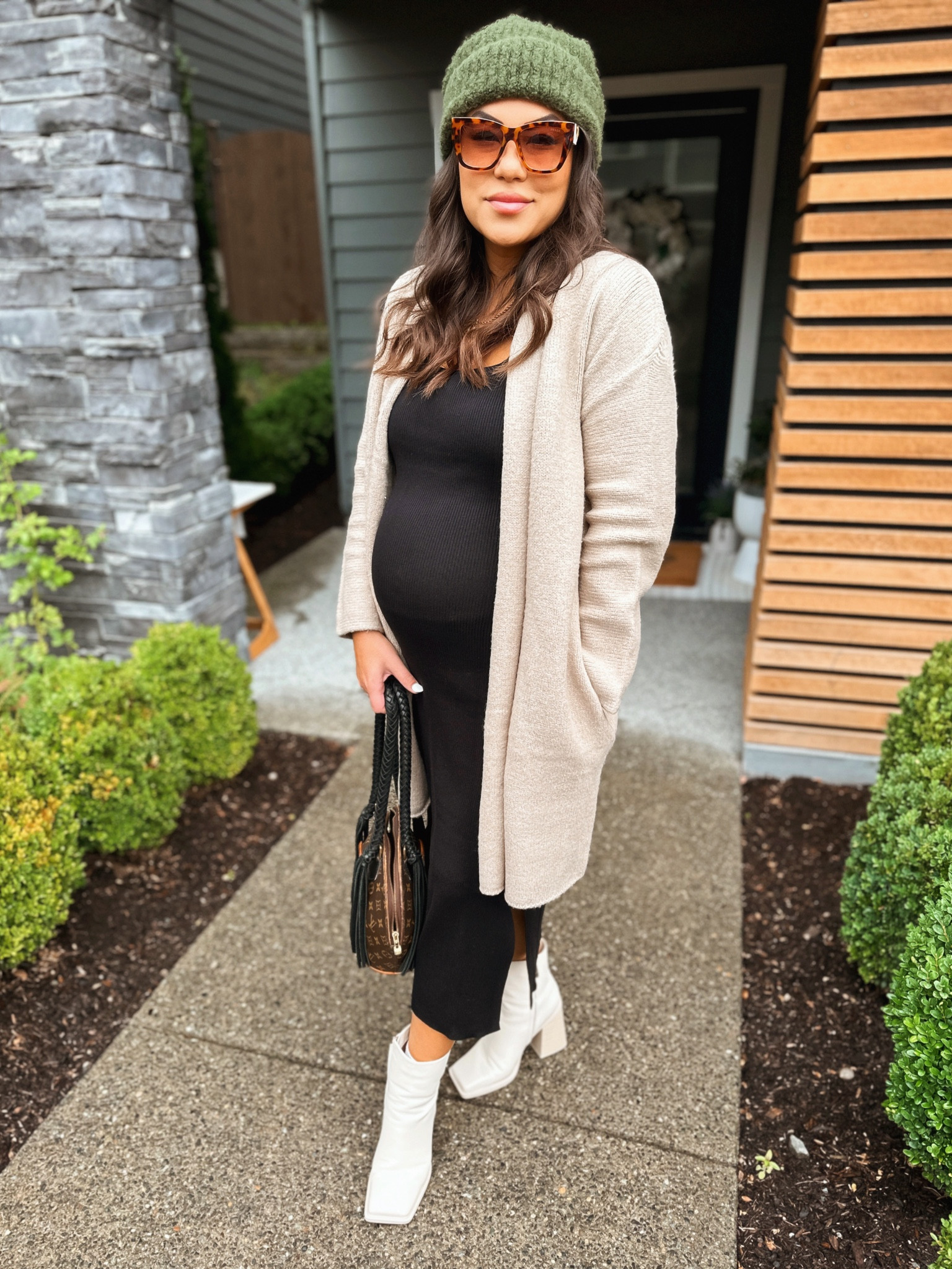 #ad @kindredbravely #kindredbravelypartner / maternity wear / third trimester / fall bump outfits / fall boots / black nursing dress / cozy cardigan / LV purse / Prada sunglasses 

#LTKSeasonal #LTKbump #LTKstyletip