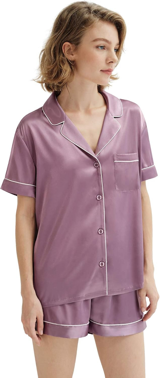 SIORO Women Pajamas Sets Satin Short Sleeve Silk Pajamas for Women, Button Down Sleepwear Soft Pj... | Amazon (US)