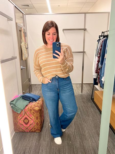 I grabbed this Madewell top when I placed my morning order, but definitely wanted to try it on before it came! The material is soft, I sized up to a large for it to be roomier and it does come in one other color option! My plan was not to buy jeans, but I immediately fell in love with these! They are Madewell Perfect Vintage Wide Leg jeans and the fit is so good (size down 1). The top is on sale for $44.99 and the jeans are $84.99! 

#LTKstyletip #LTKsalealert #LTKxNSale
