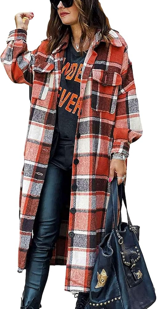 Peaceglad Women's Lounge Lapel Button Up Long Sleeve Plaid Long Shirt Jacket Shacket | Amazon (US)