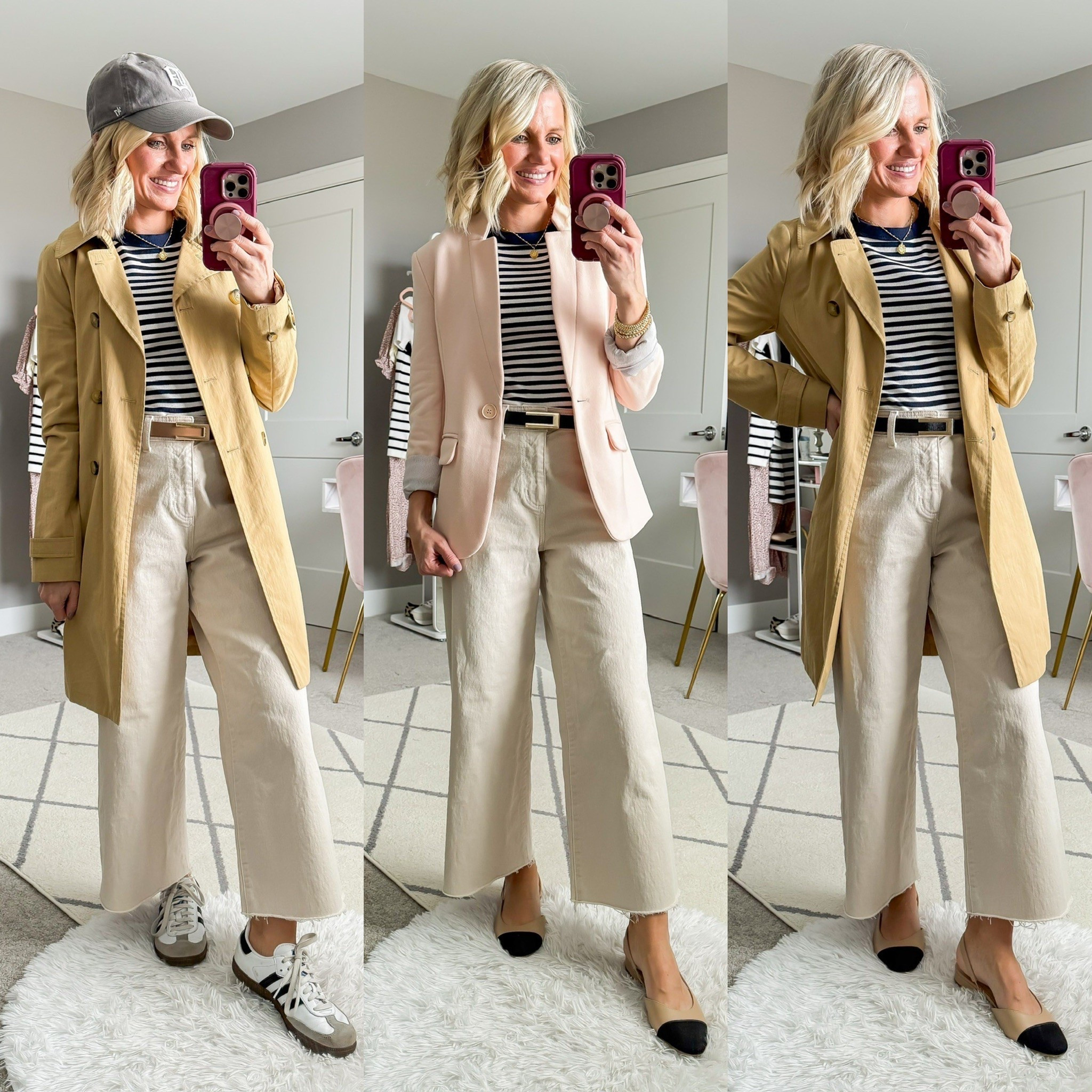 Spring capsule wardrobe outfits with beige wide-leg cropped jeans with a navy striped shirt  

#LTKOver40 #LTKStyleTip #LTKSeasonal