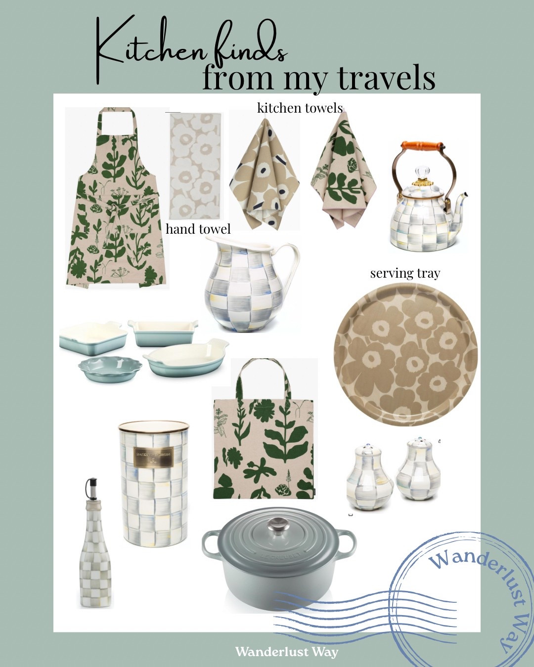 Kitchen finds from my travels. 

Serving tray, salt and pepper shaker, apron, Dutch oven, pitcher, kitchen towel, tea kettle, utensil holder, grocery bag, baking dishes

Marimekko, Le Creuset, Mackenzie Childs 

#LTKTravel #LTKHome #LTKFamily