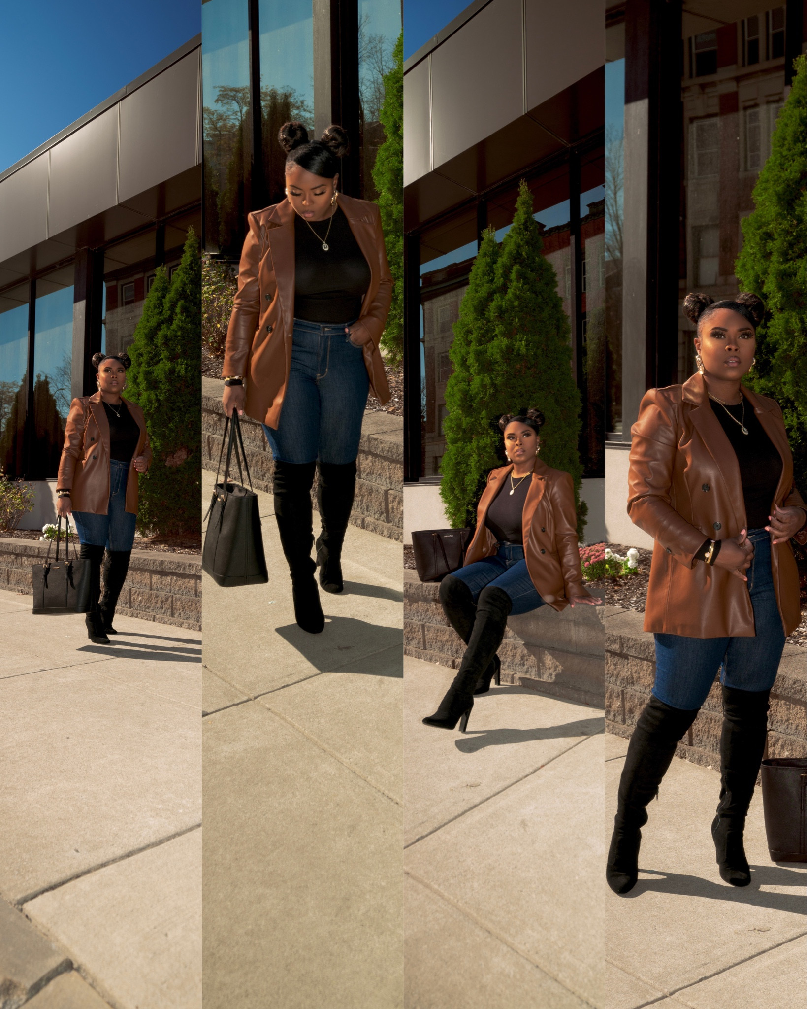 Brown faux leather jacket and black thigh high boots outfit inspiration for Fall. 

#LTKCyberWeek #LTKMidsize #LTKStyleTip