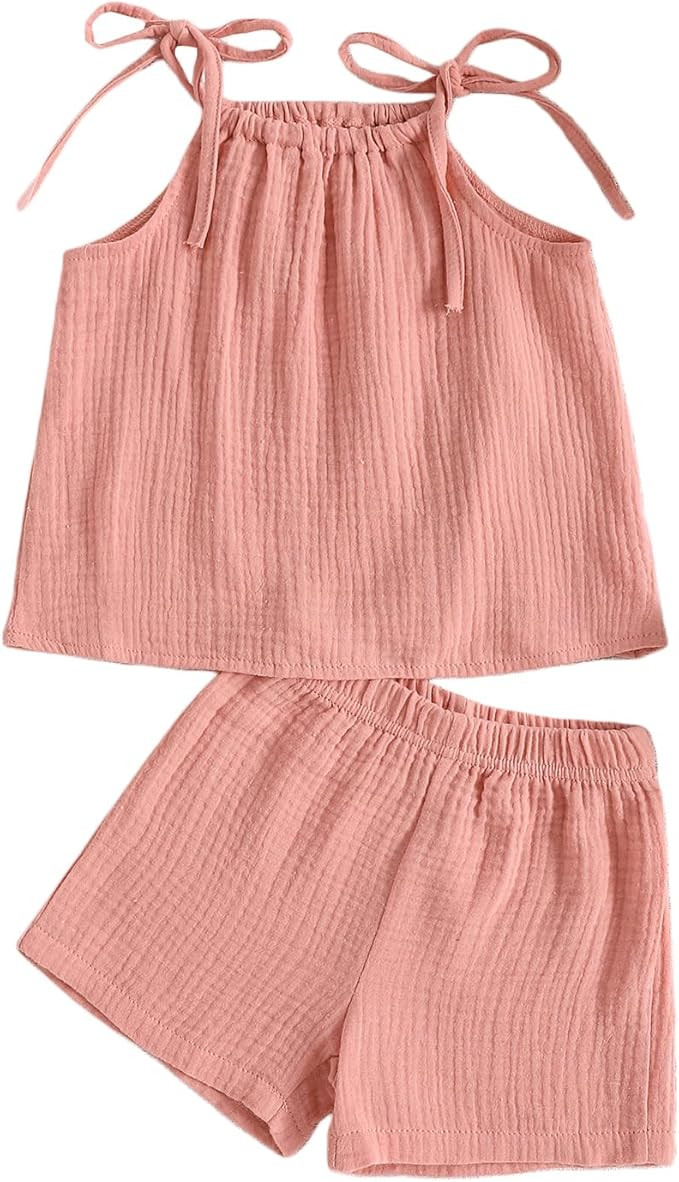 Hoanselay Toddler Baby Girl Summer 2Pcs Outfit Sleeveless Crop Top and Cotton Linen Pants Shorts ... | Amazon (US)