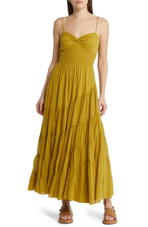 Free People Sundrenched Smocked Waist Tiered Cotton Maxi Dress in Bitter Oil at Nordstrom, Size X-La | Nordstrom