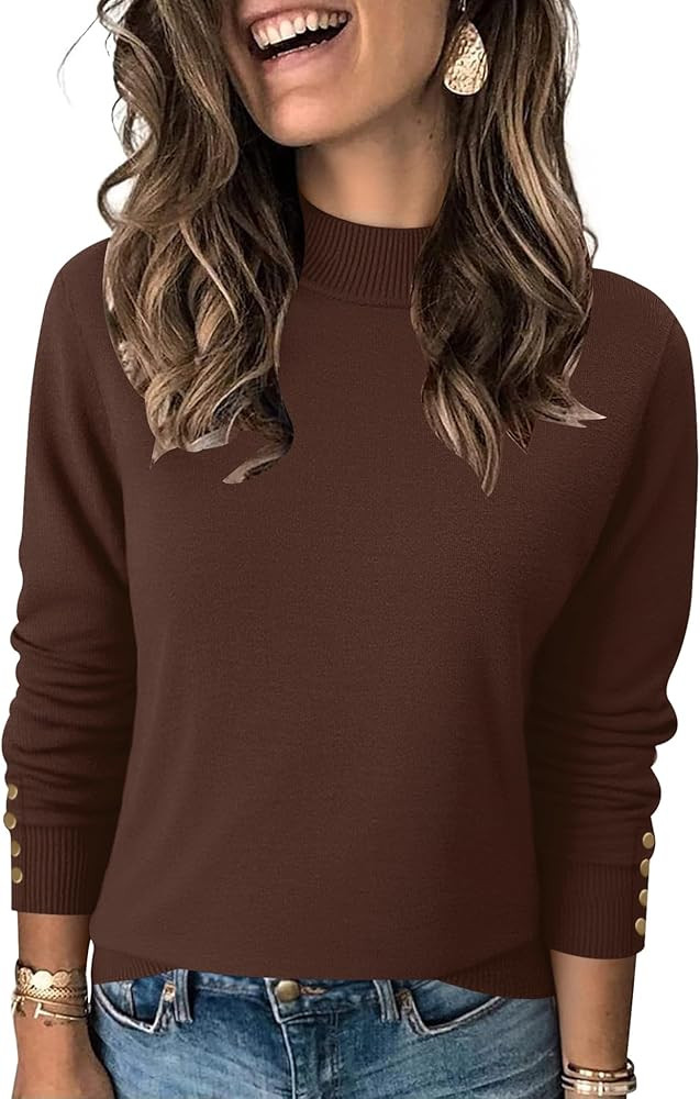 Qirno Womens Mock Neck Long Sleeve Knit Sweaters Turtleneck Casual Lightweight Button Cuffs Fall ... | Amazon (US)
