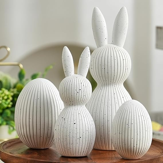White Bunny and Egg Figurine Set for Modern Easter Decor, 4Pcs Resin Easter Rabbit and Egg Statue... | Amazon (US)