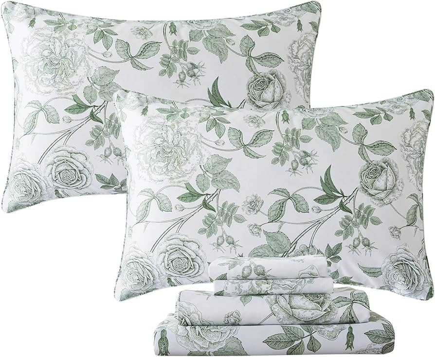 FADFAY Sheets Set Queen Vintage White and Green Floral Bedding Elegant Peony Sheets Set Shabby Ro... | Amazon (US)