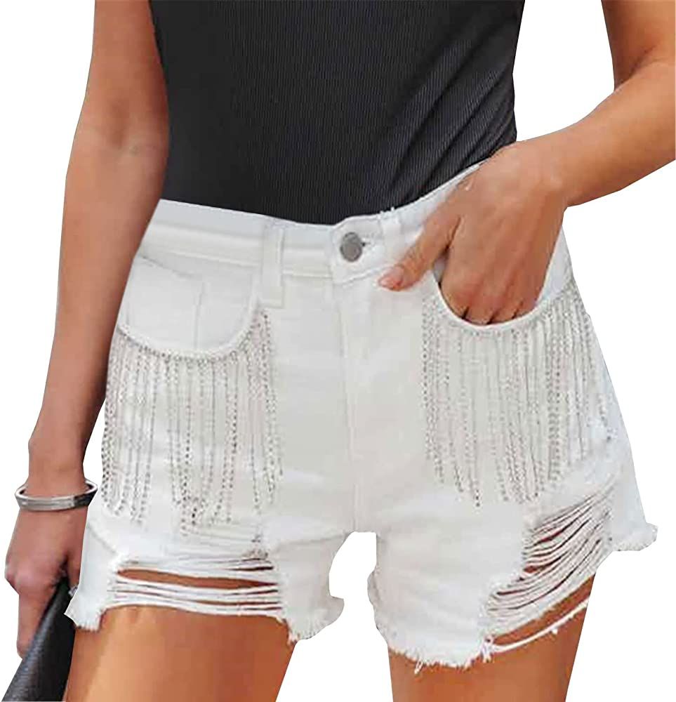 Kedera Women Denim Shorts Mid Rise Ripped Jeans Frayed Raw Hem Tassels Stretchy Jean Shorts | Amazon (US)