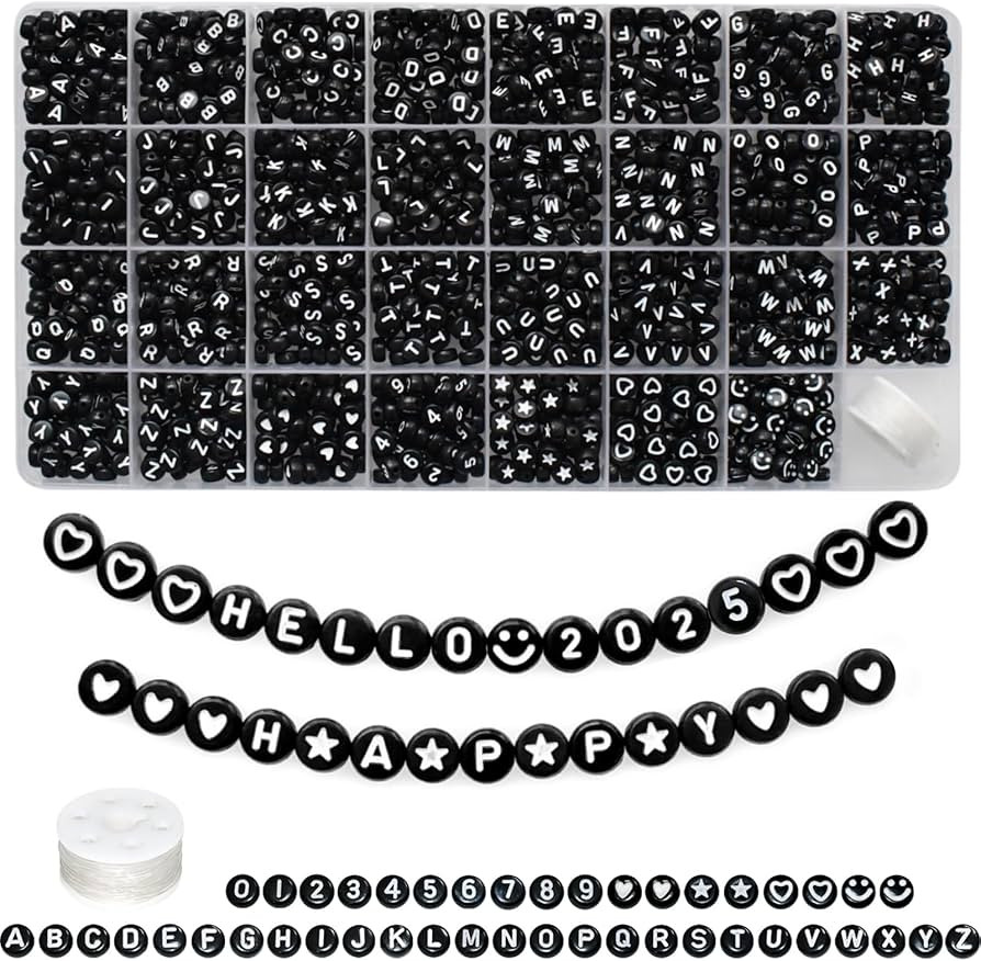Amaney 1600pcs Black Letter Beads 4x7mm Round Acrylic Alphabet A-Z Number Star Smiley Beads and H... | Amazon (US)