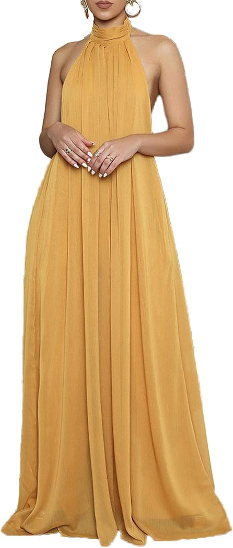 CHARTOU Women's Elegant Loose Fit Chiffon Halter Neck Backless Wide Leg Jumpsuit | Amazon (US)