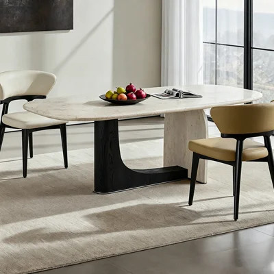 62.99"Wabi-Sabi Art Travertine Dining Table – One-Side Curved Travertine Base with Wood Veneer Fiberboard Pedestal & Stainless Steel Trim | Wayfair North America