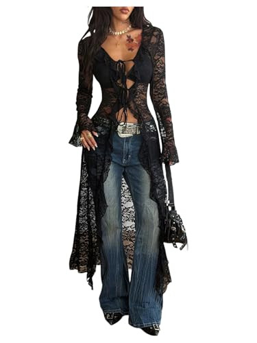GORGLITTER Women's Sheer Long Duster Cardigans Mesh Tie Front Goth Top | Amazon (US)