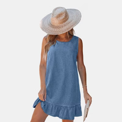 Women's Casual Denim Mini Dress with Ruffle Trim- Cupshe-M-Blue | Target