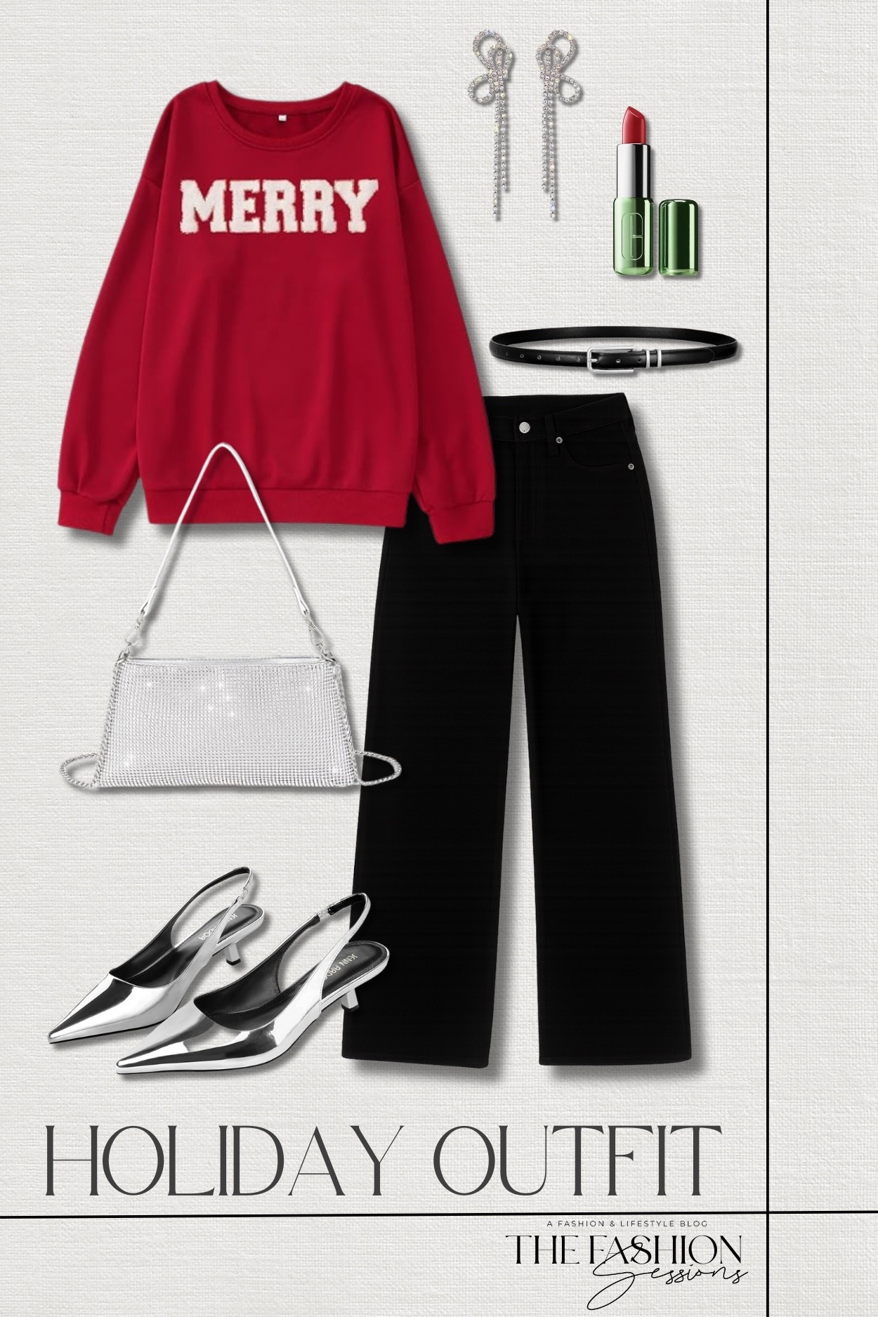 If you're a sweatshirt and jeans type of girl, this holiday outfit is for you 🖤
merry oversized sweatshirt | wide leg jeans | slingback heels | bling evening clutch bag rhinestone purse | black leather belt | red Clinique lipstick | rhinestone earrings | winter outfit | holiday outfit | Christmas outfit | holiday party | elevated casual

#LTKHoliday #LTKFindsUnder50