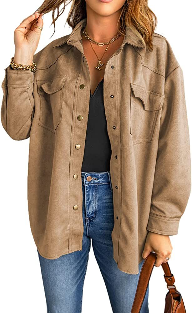 Dokotoo Jackets for Women Button Down Long Sleeve Casual Faux Suede Jacket Coats | Amazon (US)